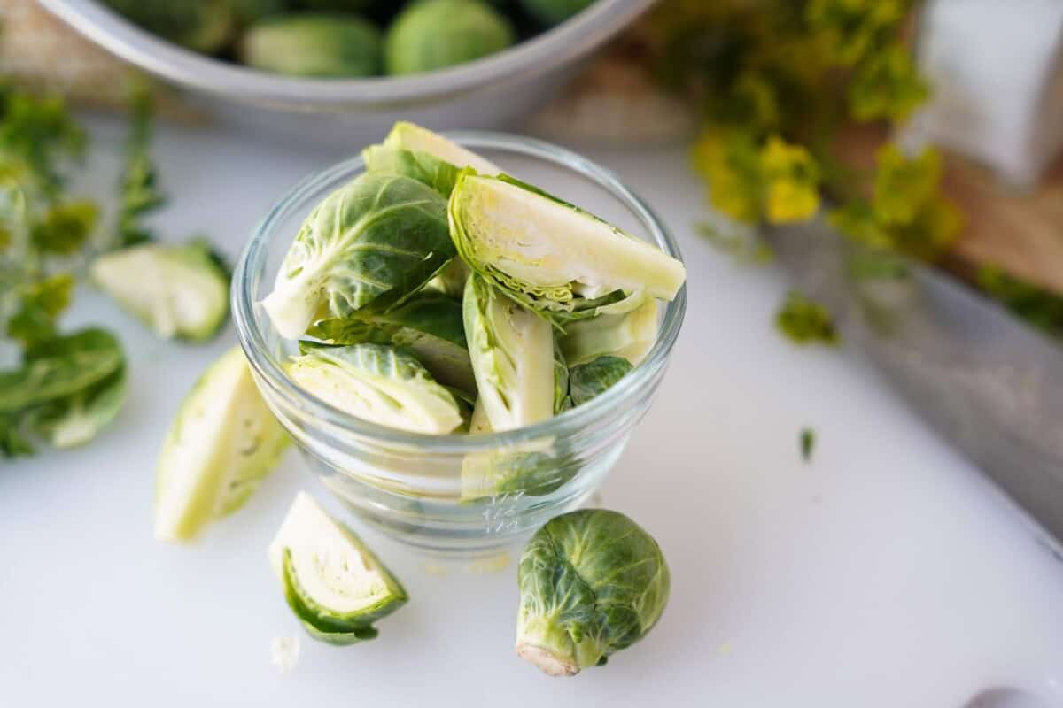 Cut Brussels sprouts in bowl