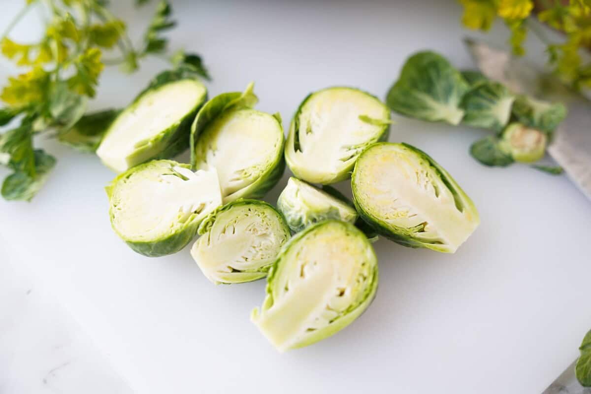 Cut Brussels sprouts on cutting board