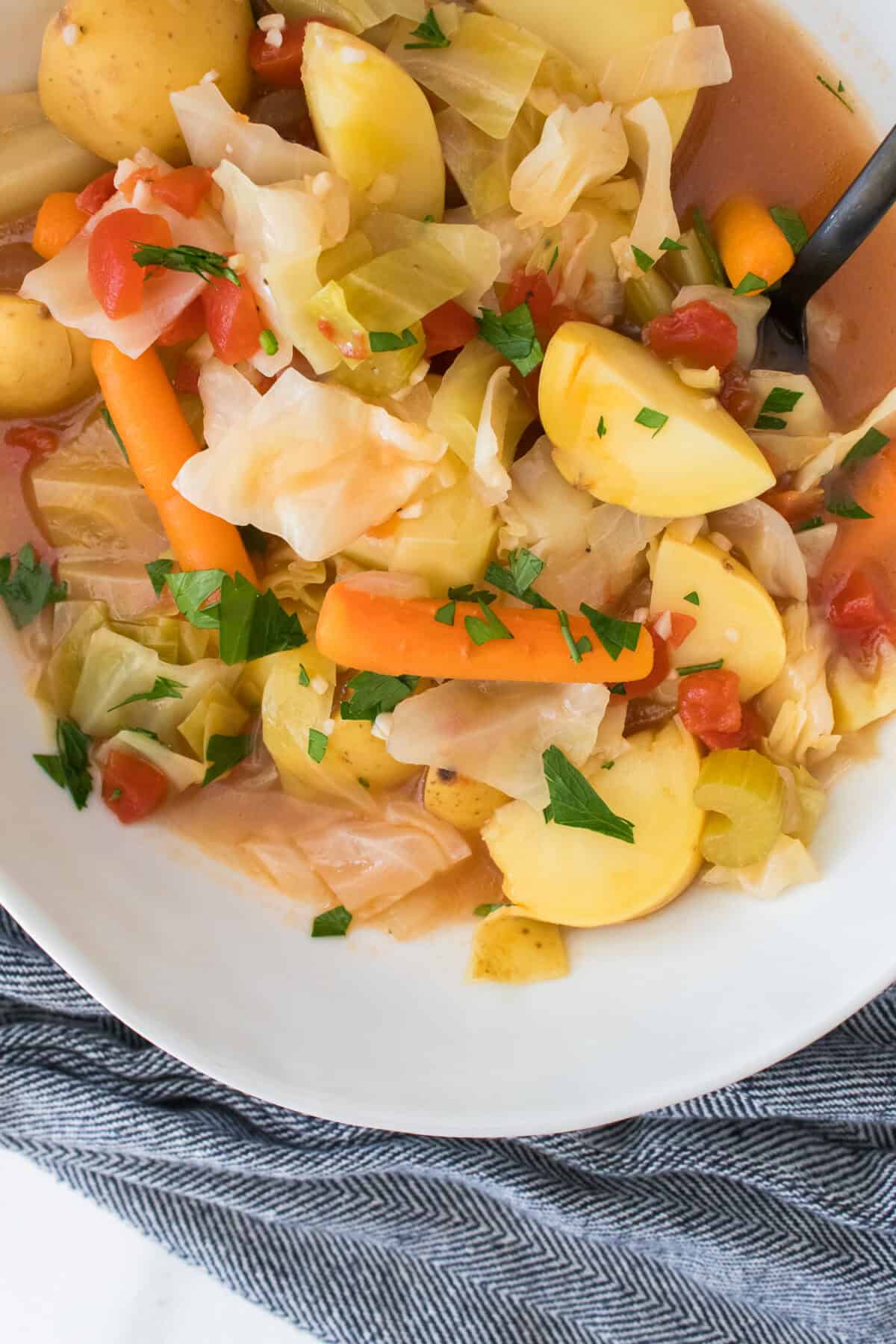 overhead close up shot of cabbage soup in bowl with black spoon
