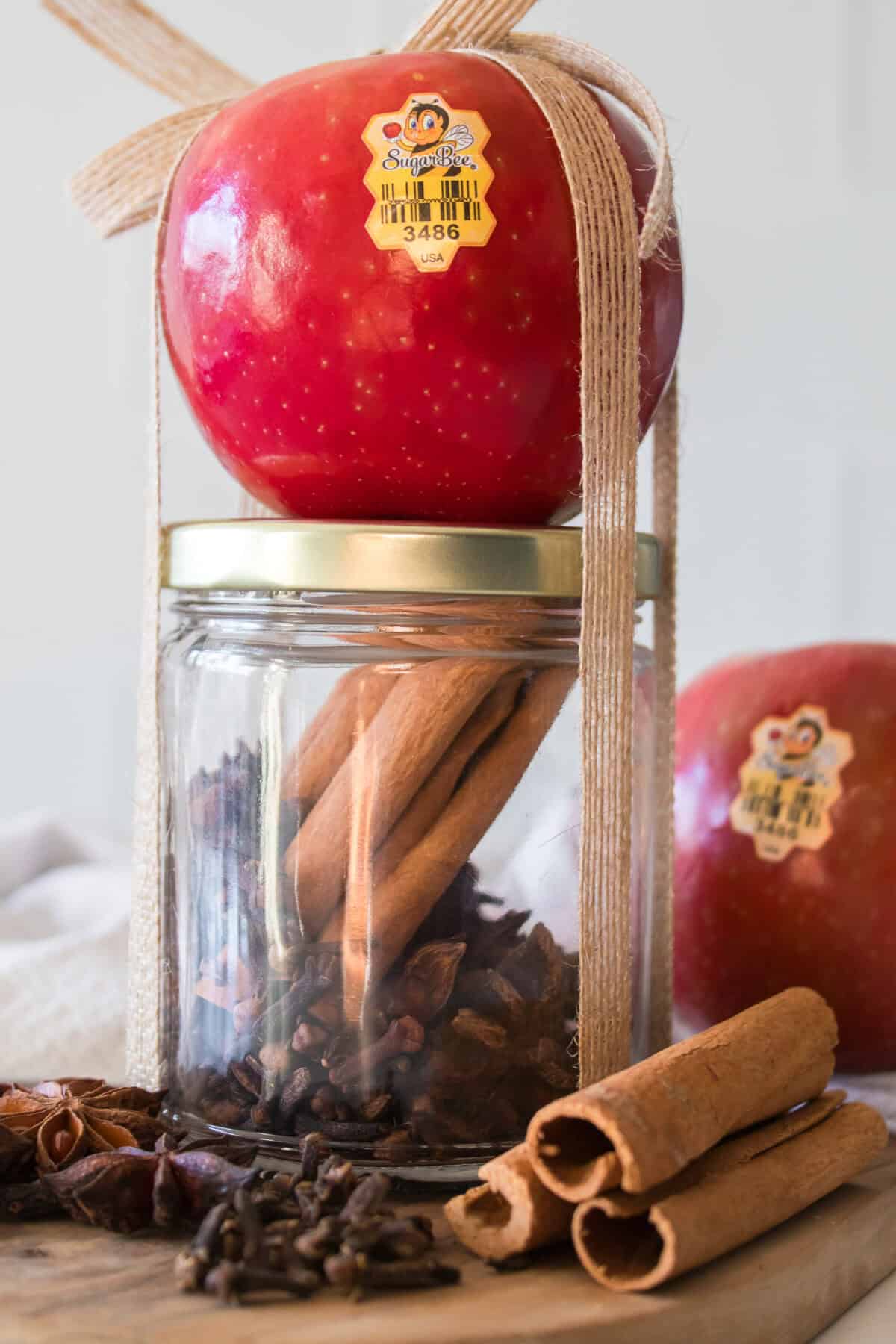 close up head on shot of mason jar with star anise, ground cloves, cinnamon sticks with apple tied on top