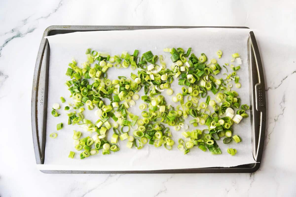 Green Onions on sheet pan for freezing