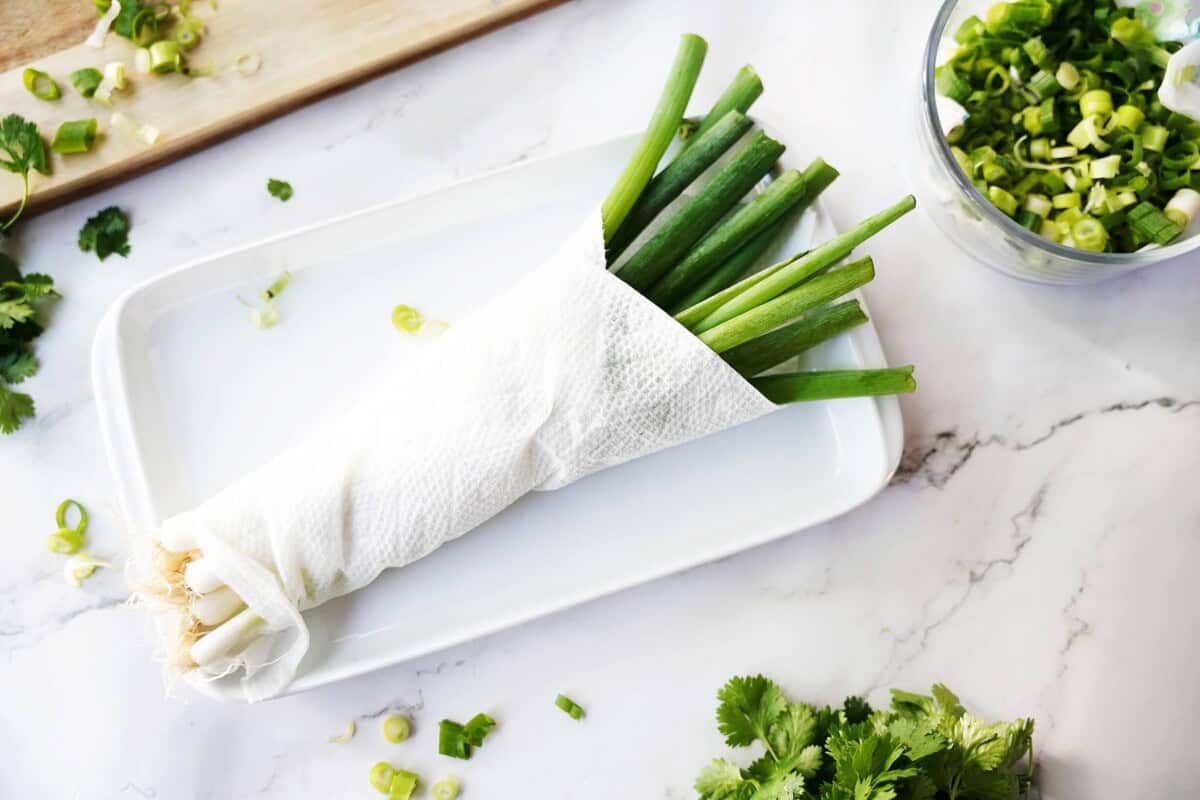 Green onions wrapped in paper towel on white plate