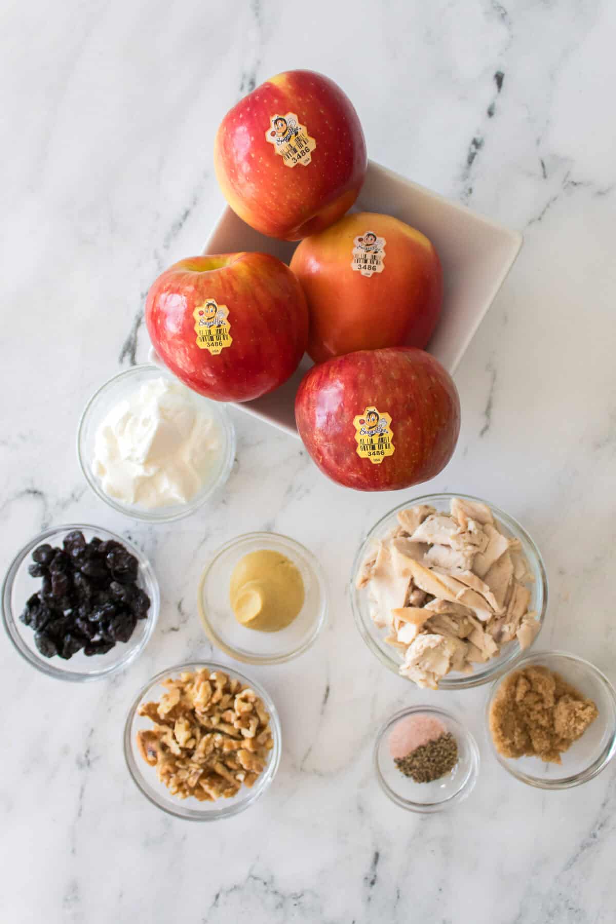 overhead shot of ingredients to make apple chicken salad