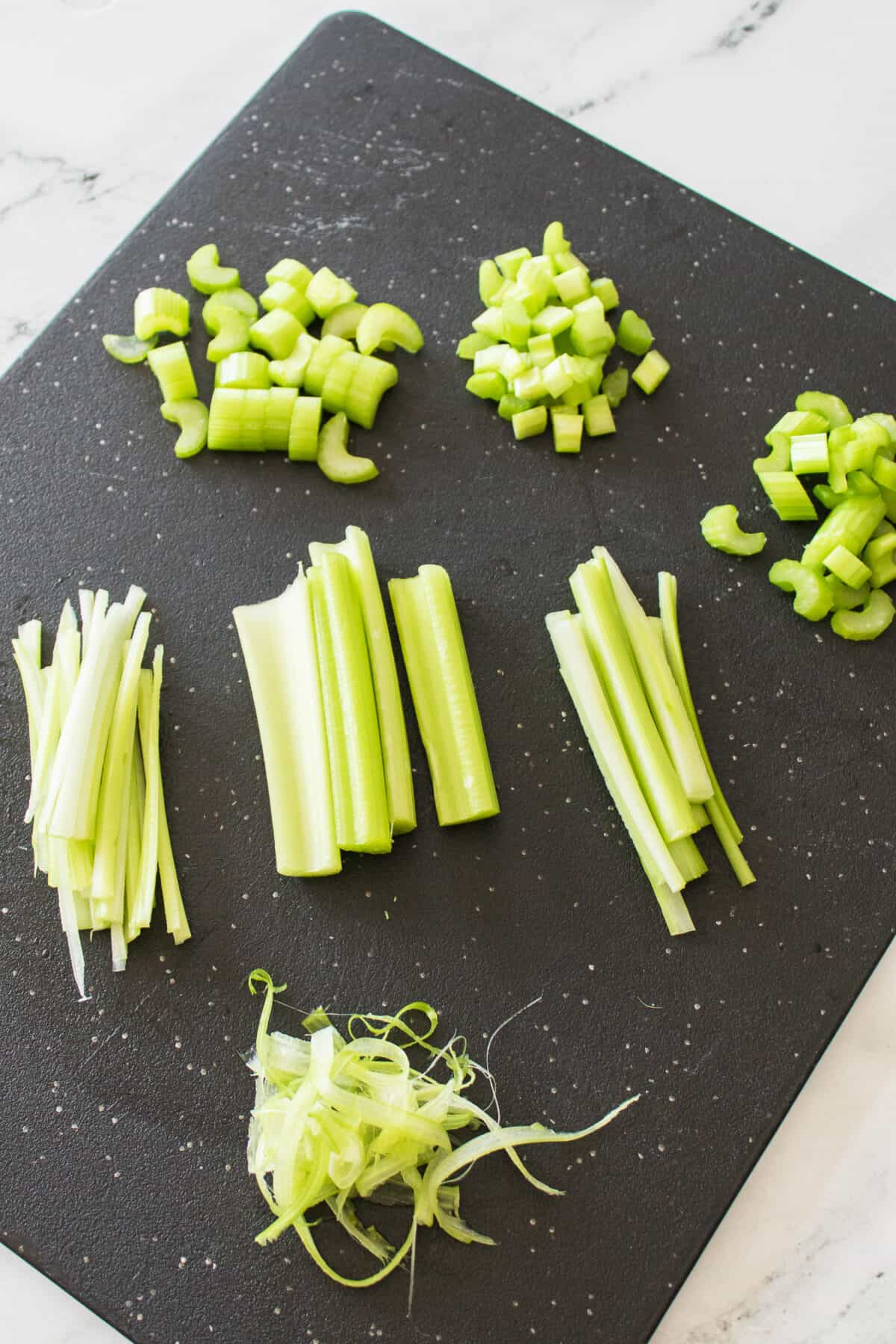 celery cut on cutting board 7 different ways
