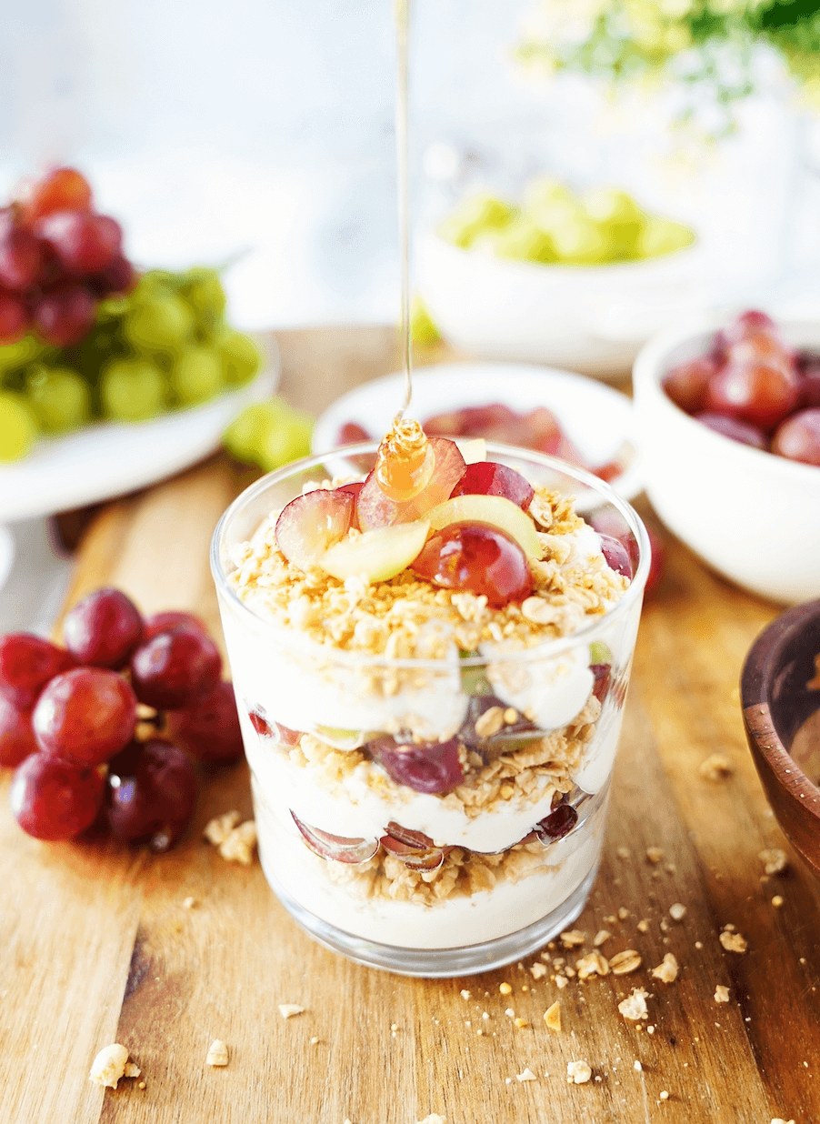 Honey drilzzle on Grape Greek Yogurt Parfait