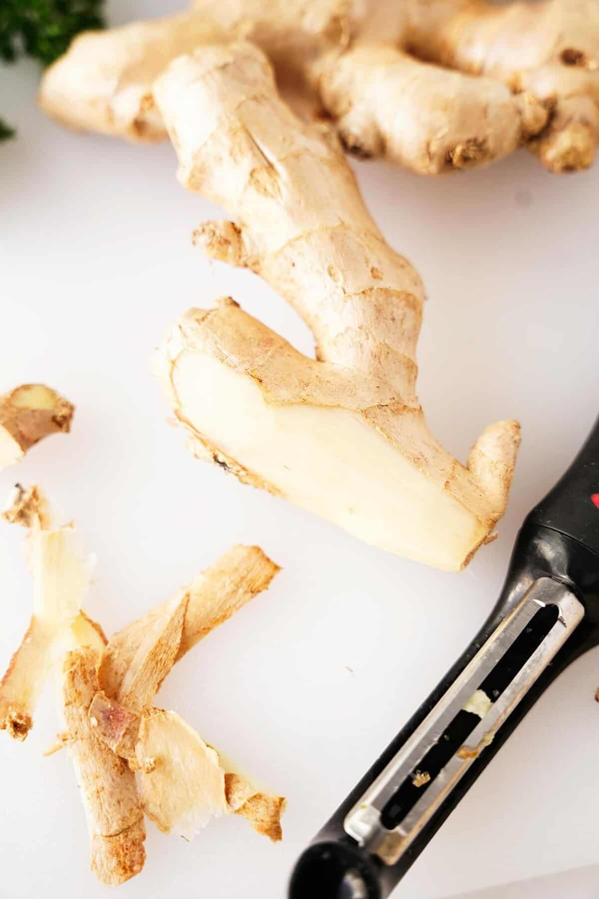 Peeling ginger root