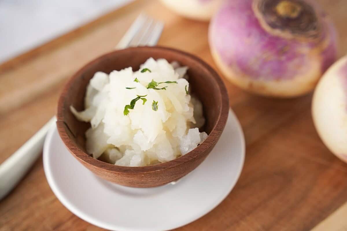 Boiled Turnips in a small wooden bowl