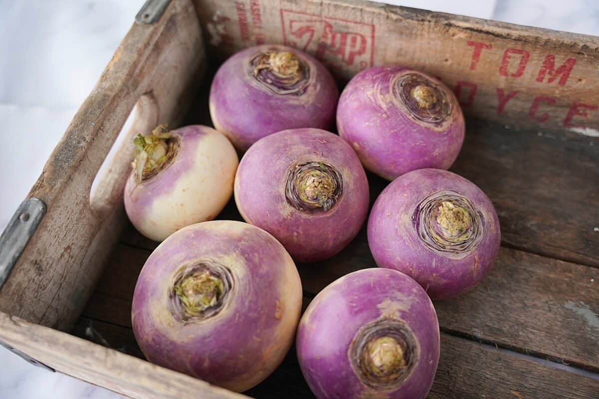 turnips in wooden box