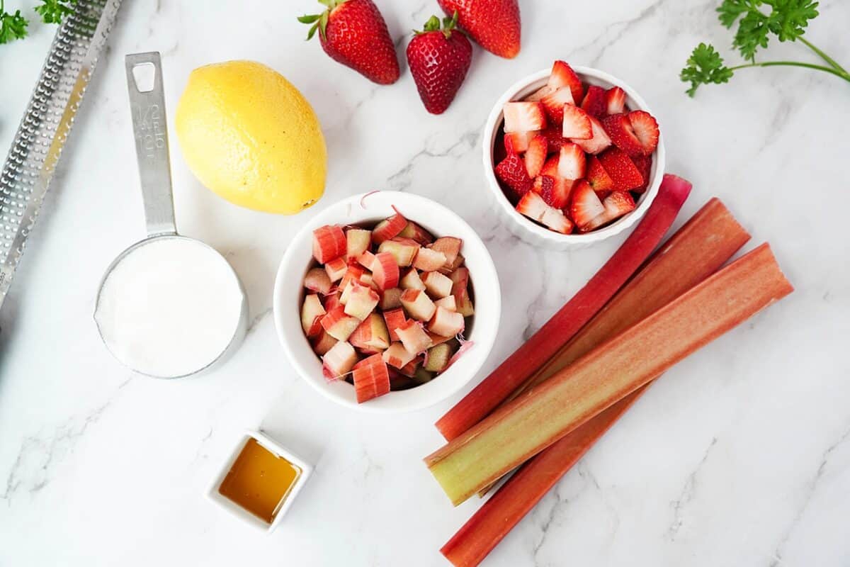 overhead shot of ingredients for strawberry rhubarb jam
