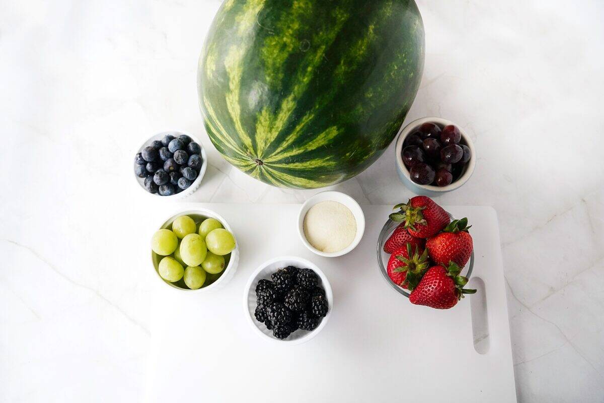ingredients to make watermelon slices stuffed with fresh fruit