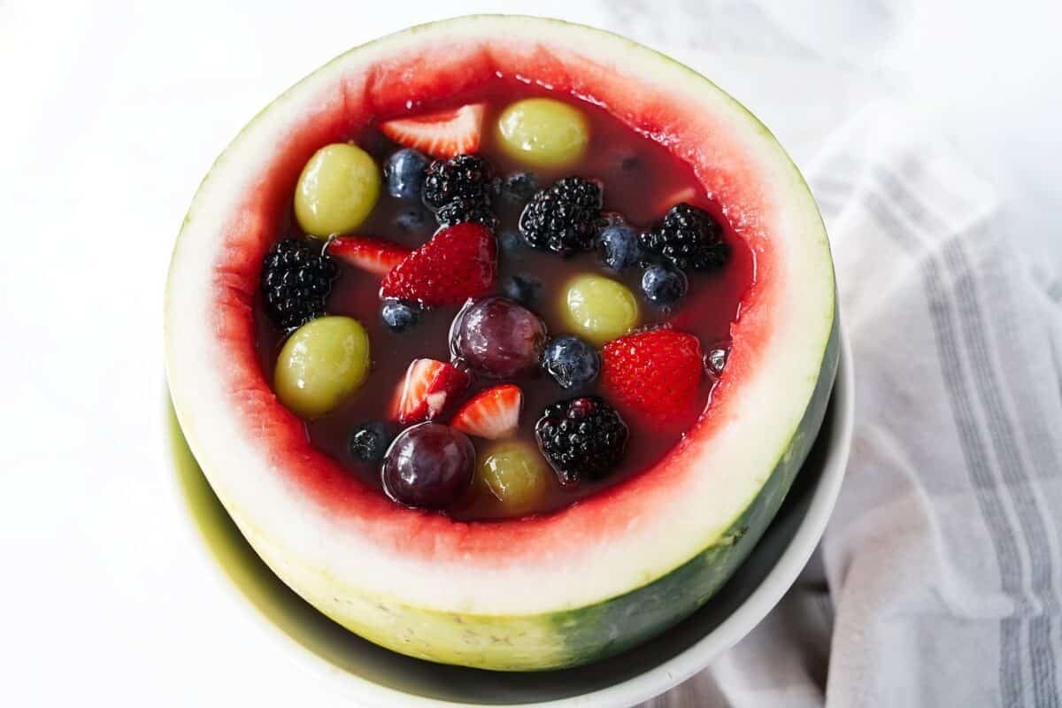 watermelon with fresh fruit that has gelatin before setting