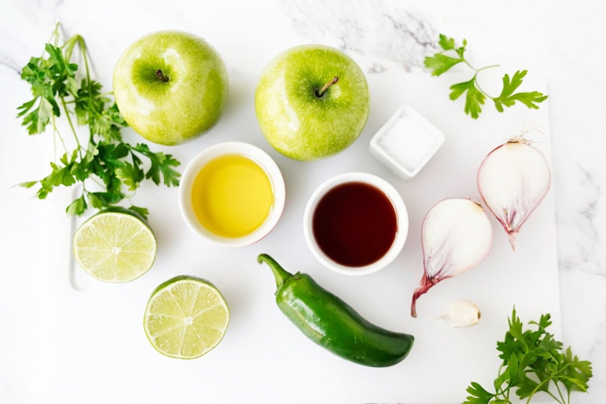 apples, parsley, shallots, garlic, lime, jalapeño, olive oil, red wine vinegar, and salt