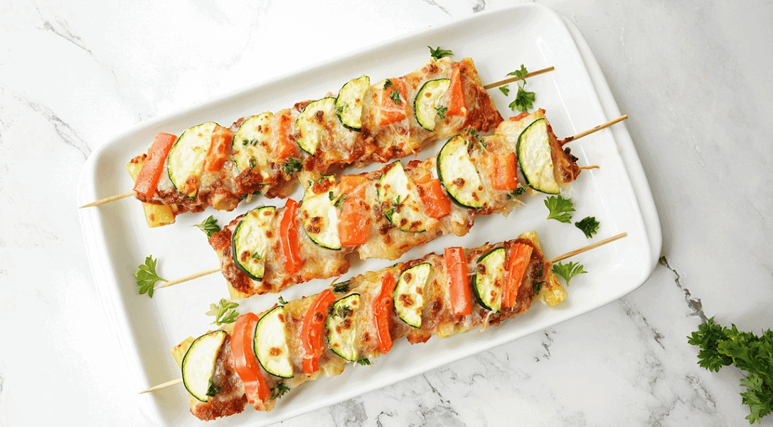 Veggie Pasta Kabobs on whtie plate