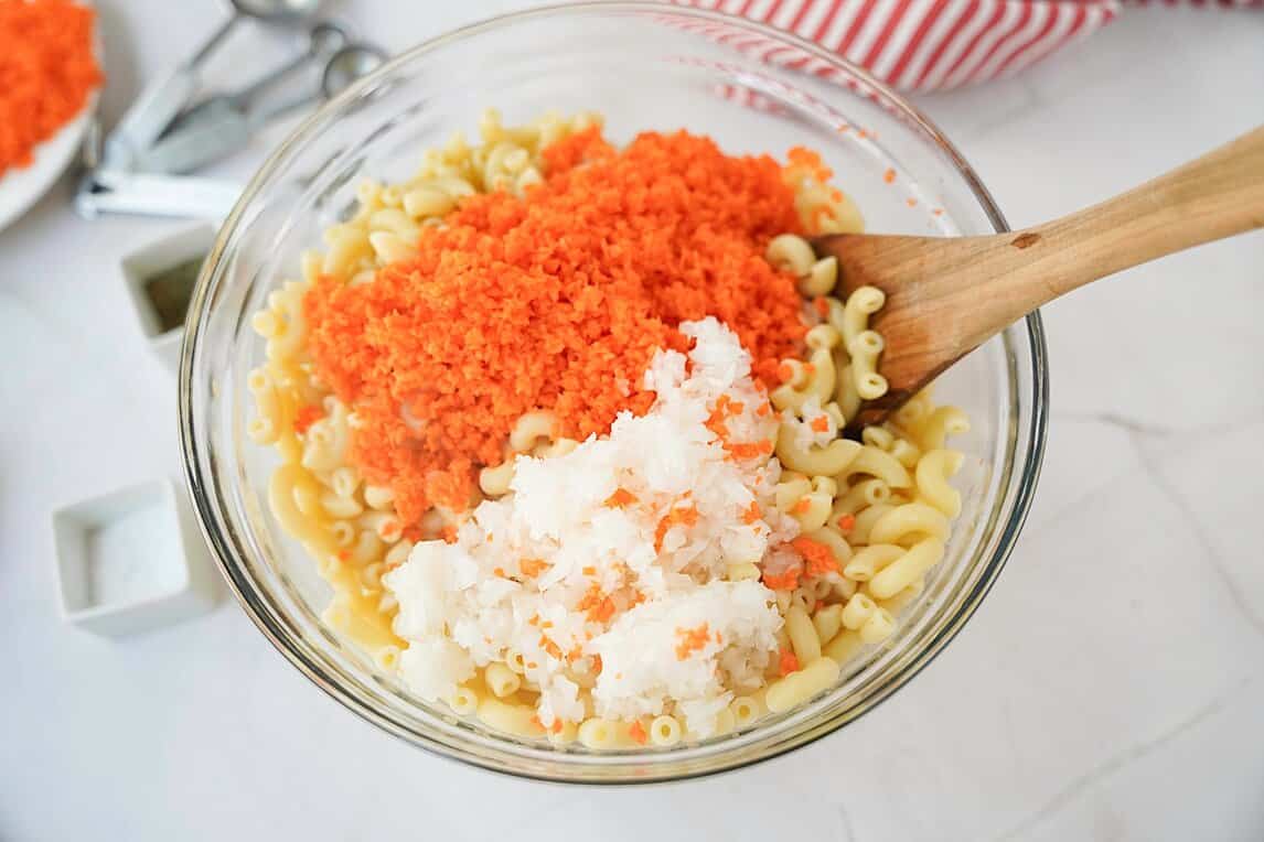 veggies added into Hawaaian Macaroni Salad mix