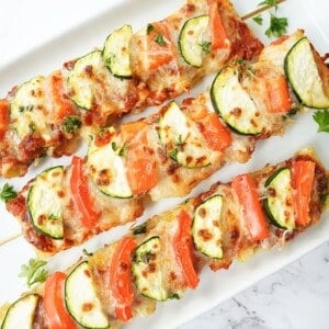 overhead view of Veggie Pasta Kabobs on plate