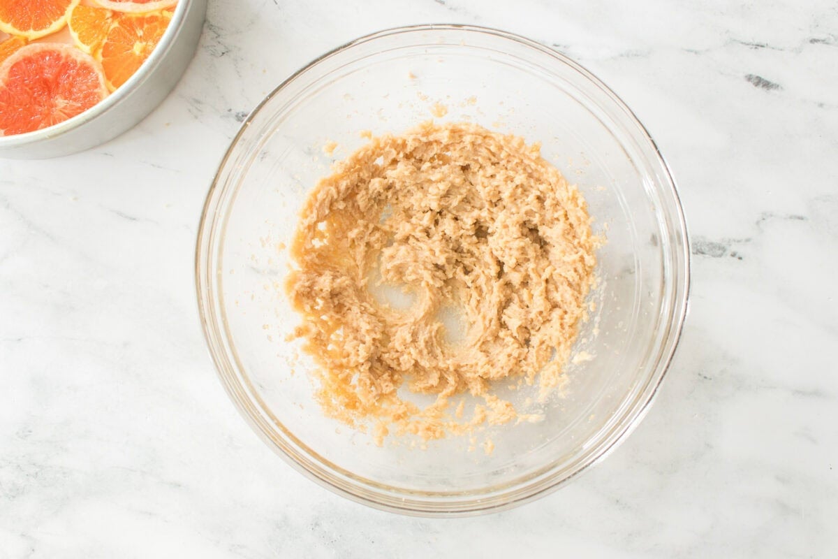 sugar, butter and light brown sugar creamed together in a glass bowl