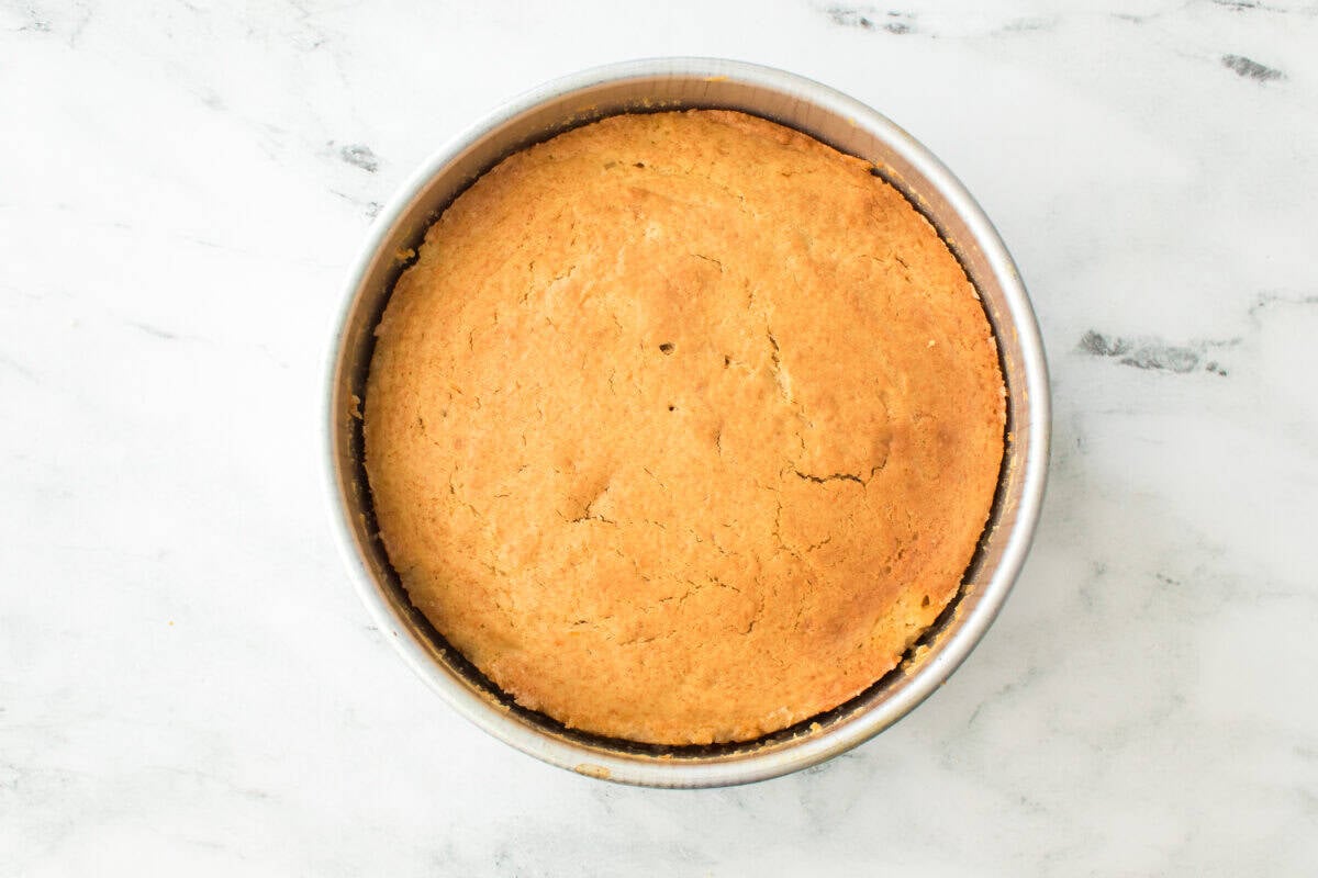 upside down citrus cake in cake pan after baking