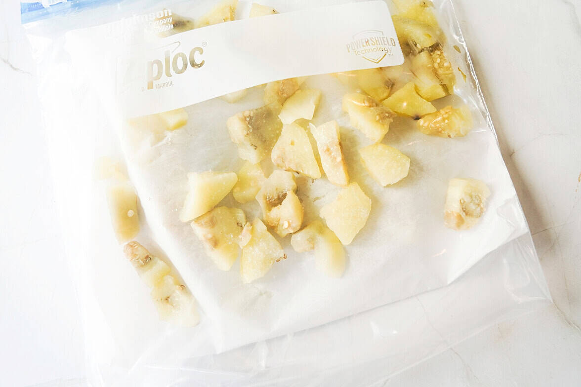 1" pieces of blanced eggplant in freezer bag