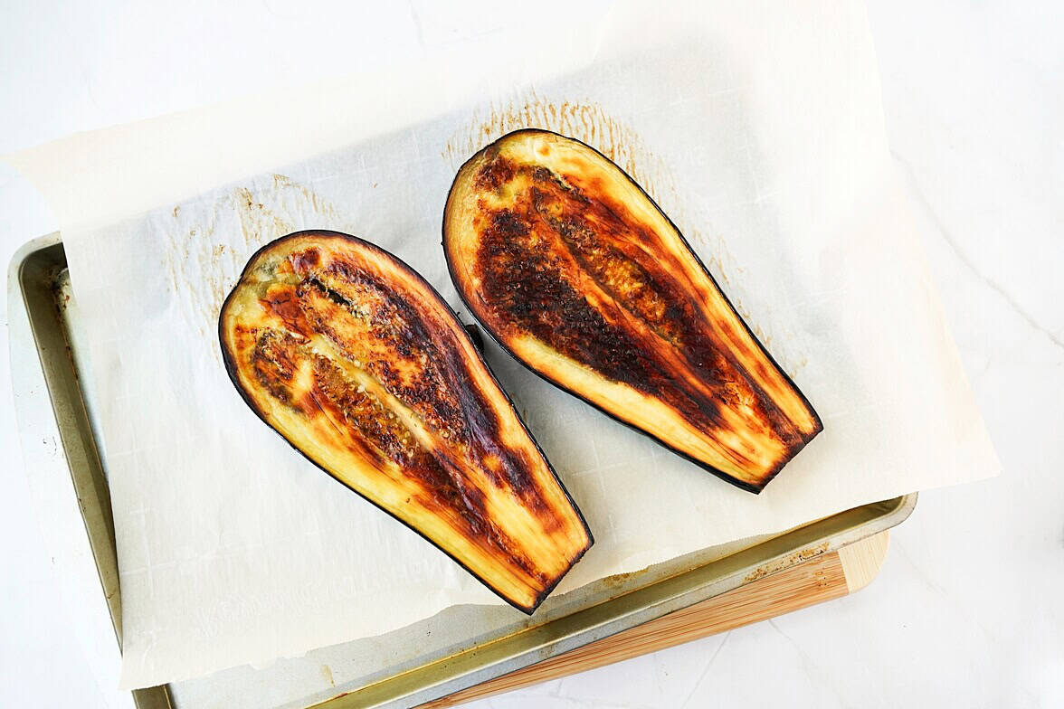 Roasted eggplant on sheet pan