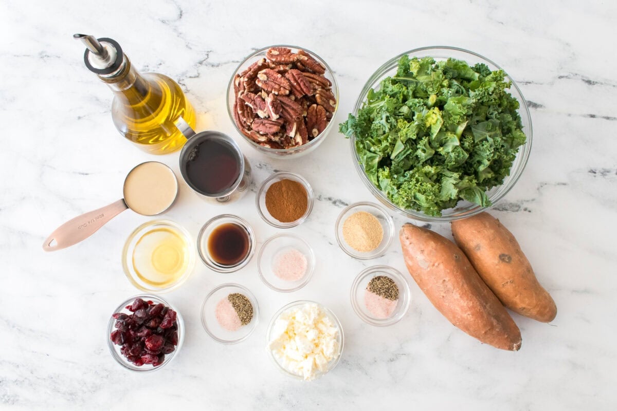 overhead shot of ingredients to make roasted sweet potato kale salad recipe