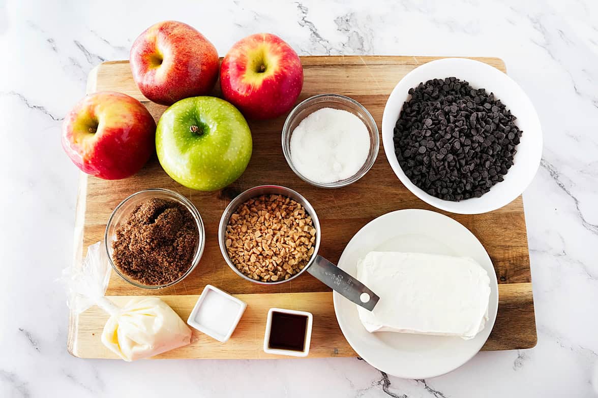 overhead shot of ingredients to make apple toffee dip recioe