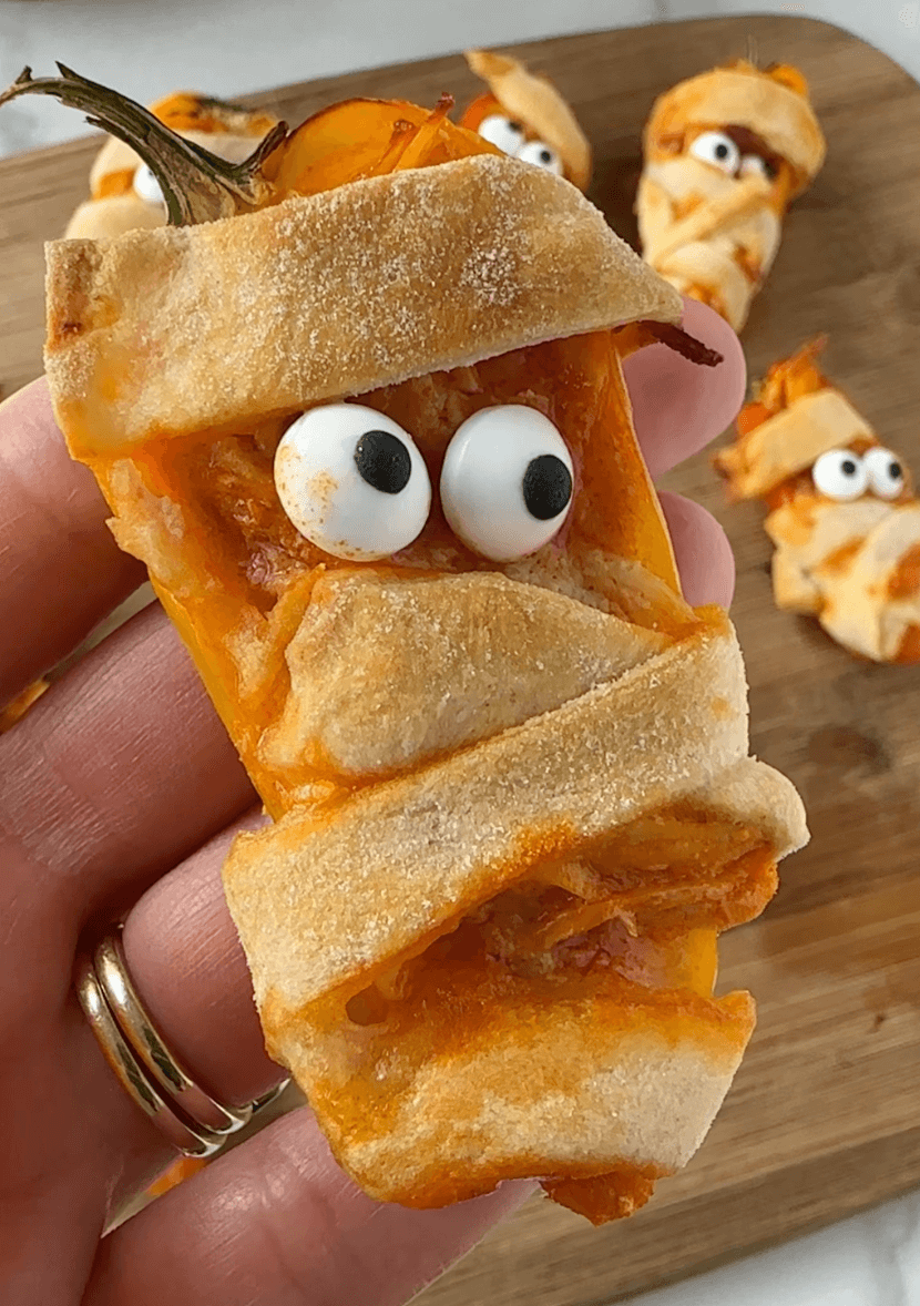 Close up of the finished mini bell pepper mummy