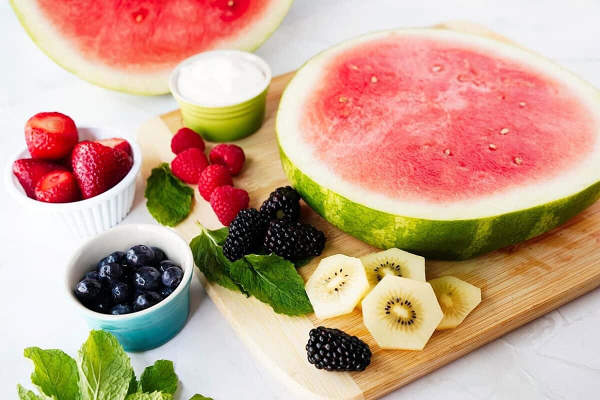 Close up watermelon pizza ingredients