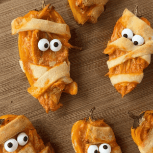 Vertical image of 5 mini bell pepper mummies