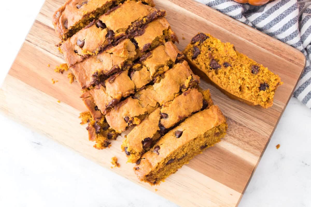 overhead view of the pumpkin bread cut into slices