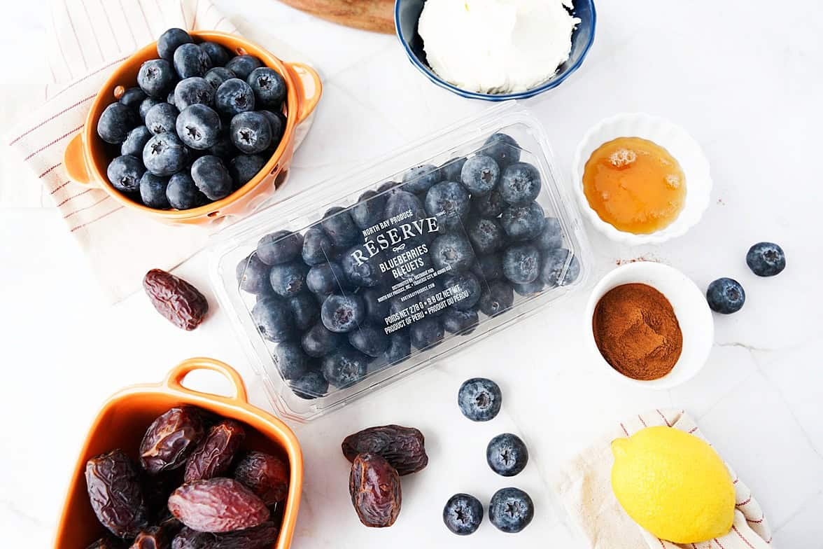 ingredients for blueberry msacarpone stuffed dates: North Bay Reserve blueberries, honey, mascarpone, dates, lemon and cinnamon