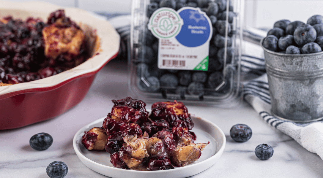 Plate of blueberry cinnamon rolls cassrole