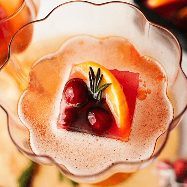 overhead view of Cranberry Orange Sparkler with ice cube