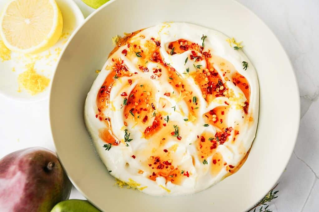 close up of Hot Honey Whipped Ricotta Dip