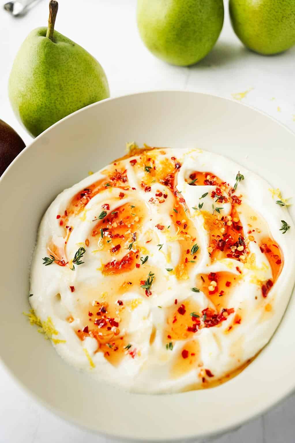 close up of Hot Honey Whipped Ricotta Dip