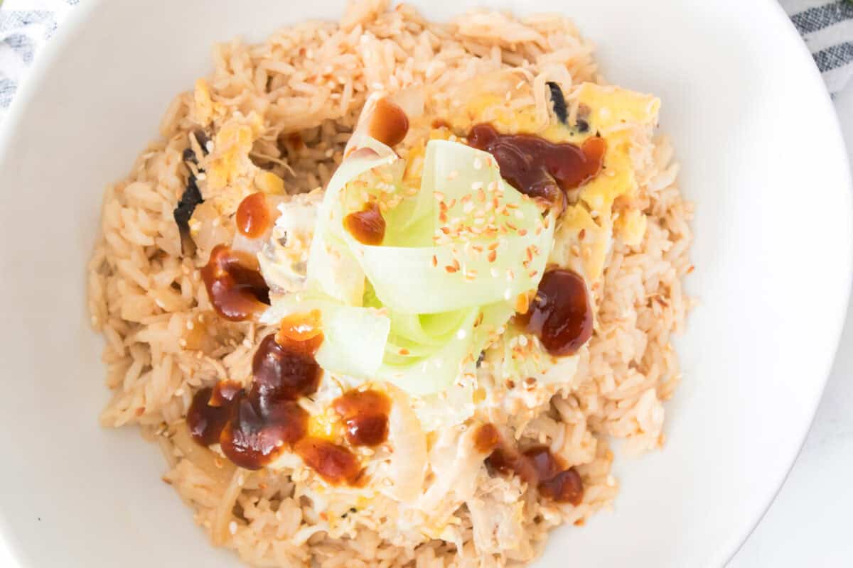 overhead close up shot of Japanese Oyakodon, topped with shaved celery, toasted sesame seeds and Tonkatsu sauce