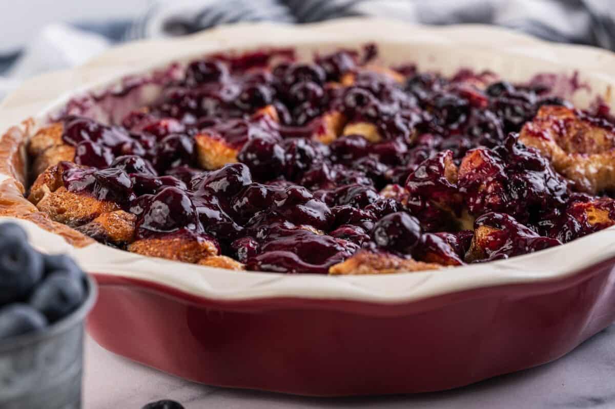 Baked blueberry cinnamon roll casserole.
