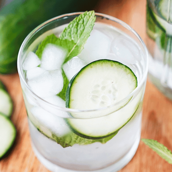close up of cucumber water in a glass