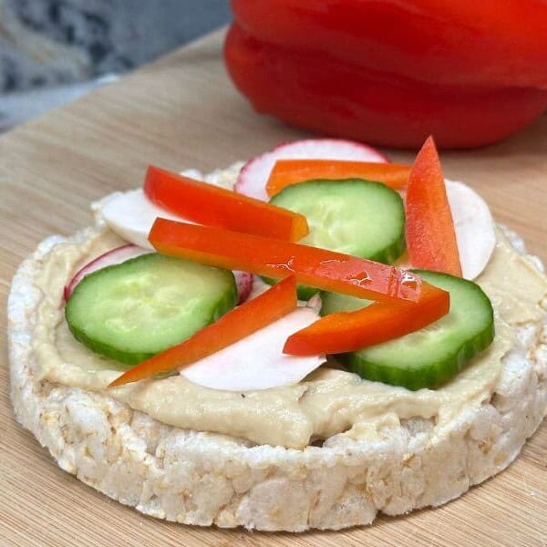 Veggie Rice Cake Pizza on cutting board