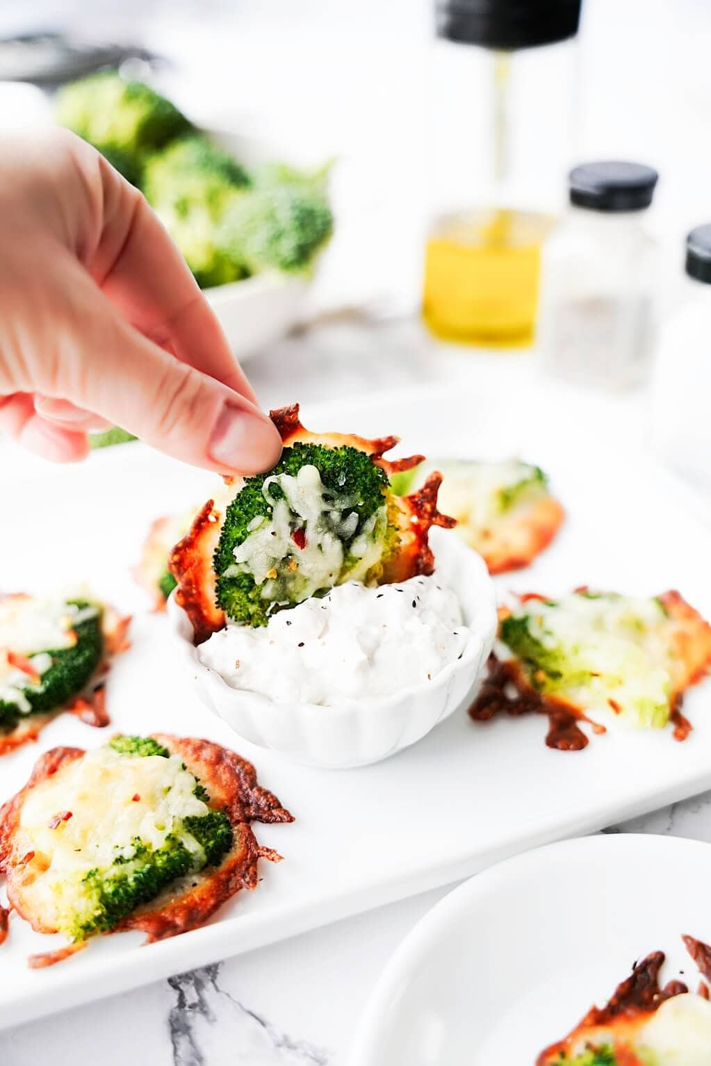 Smashed Broccoli Bite in dip