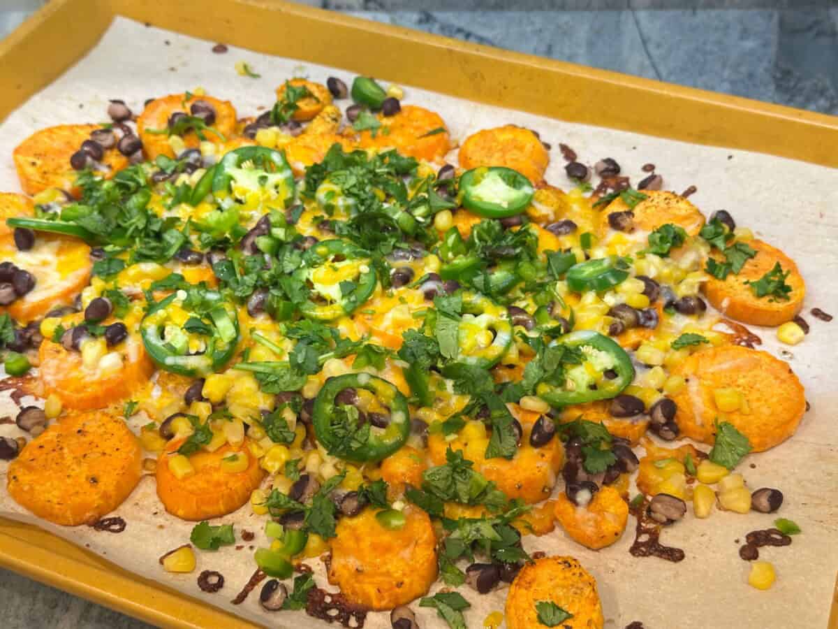 close up of toppings on sweet potato nachos