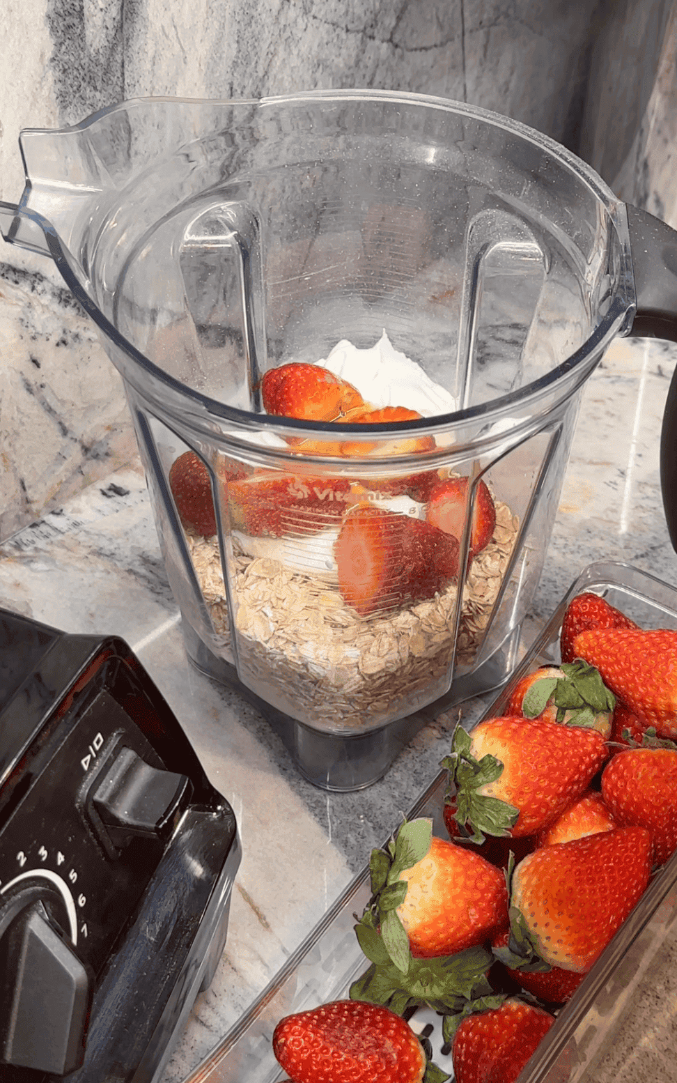 Ingredients in blender for Blended Strawberry Overnight Oats