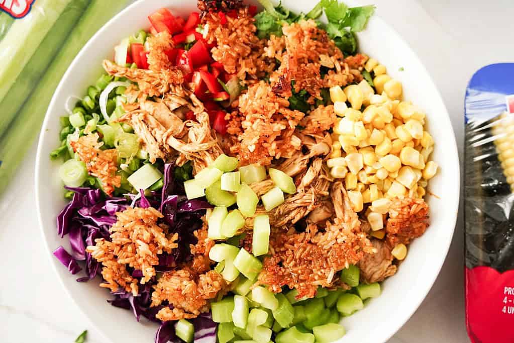 Crispy rice salad in a bowl