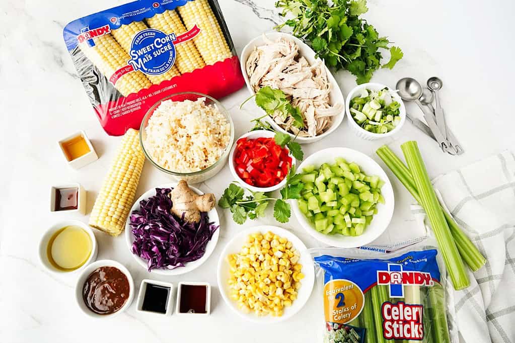 corn, cilantro, chicken, red bell pepper, soy sauce, teriyaki sauce, toasted sesame oil