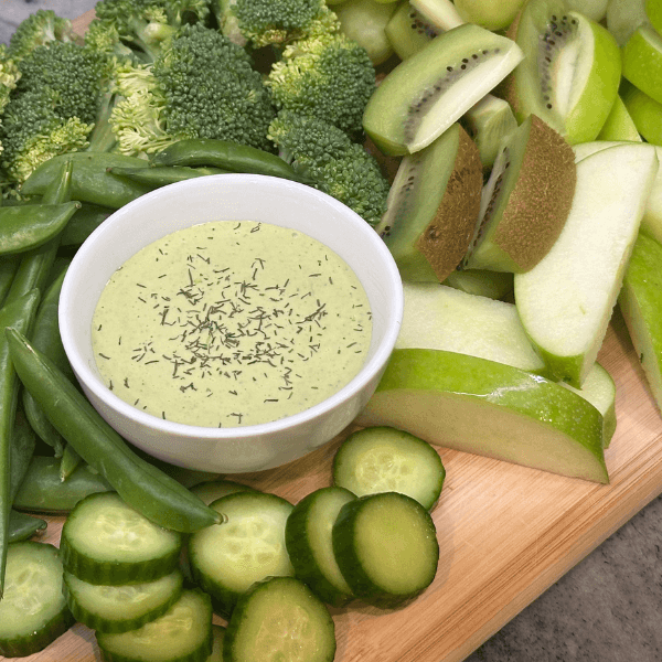 Green Goddess Snackboard with Green Goddess Dip on counter