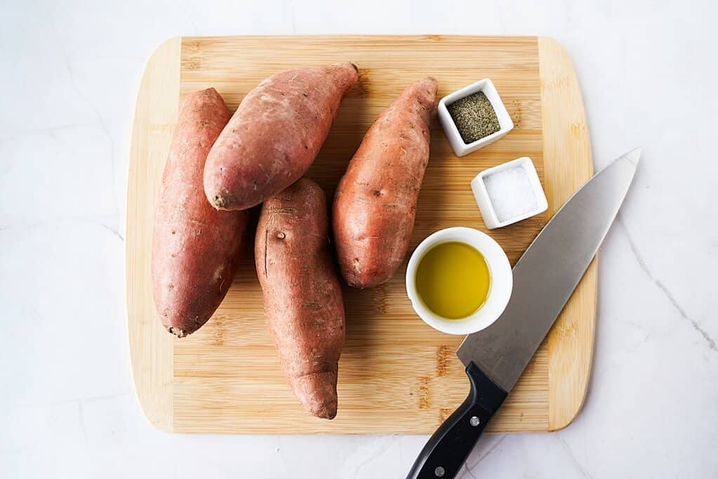 Ingredients for viral sweet potato recipe: sweet potatoes, olive oil, salt & pepper
