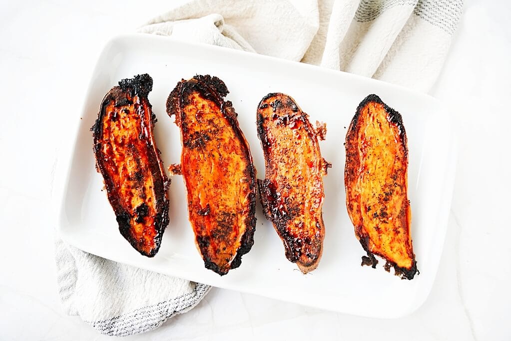 Beauty shot of 4 sweet potato halves ready to serve