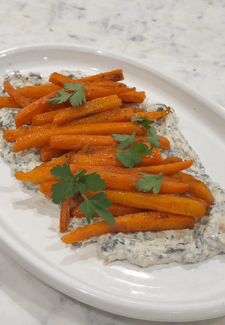 Vertical Crispy Carrot fries on whipped feta