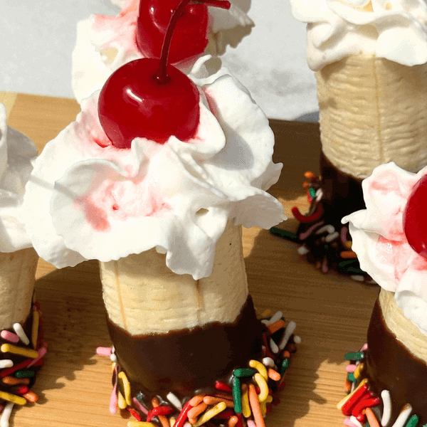 5 Banana Split Bites on wooden board