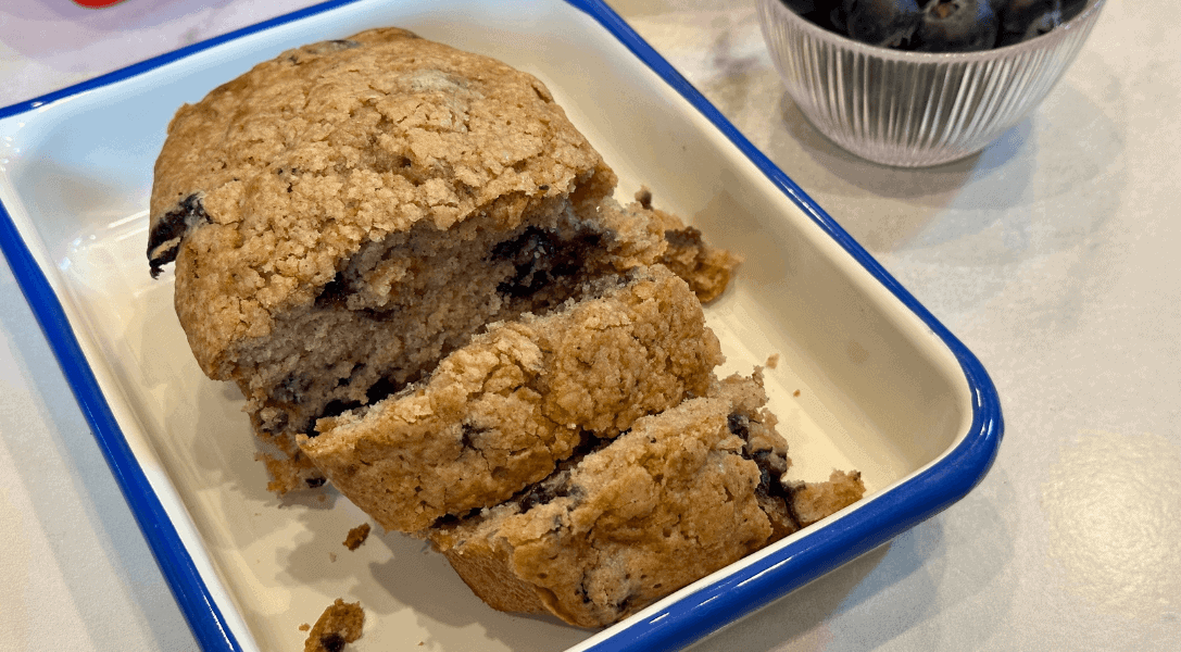 close up of cut Blueberry Zucchini Bread