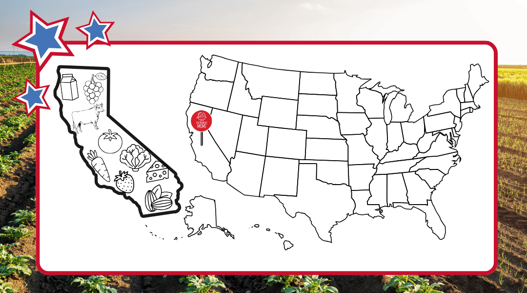 US Map with a pin in California and an outline of the state with some of the top agricultural commodities
